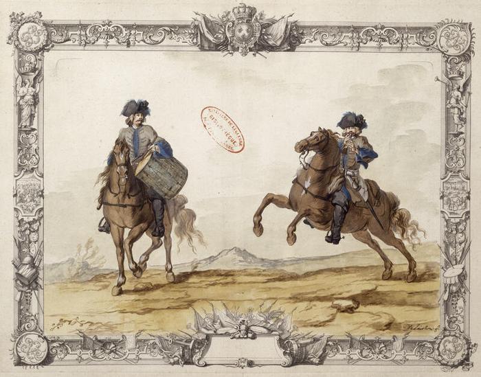 Officier de grenadier des gardes françaises, planche d’Infanterie et gardes françaises, vers 1721, Jacques-Antoine Delaistre (1690-1765), aquarelle sur papier, 23,4 × 16,4 cm, numéro d’inventaire A1J7 ; 10849, Paris (Île-de-France) – musée de l’Armée, © Paris (Île-de-France) – musée de l’Armée, dist. GrandPalaisRmn / image musée de l’Armée, notice descriptive consultable en ligne.