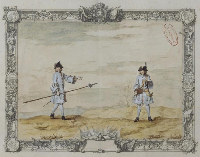 Officier et soldat du régiment de Champagne, planche 59 du tome I d’Infanterie et gardes françaises, vers 1721, Jacques-Antoine Delaistre (1690-1765), estampe rehaussée d’aquarelle et de gouache, dessin à la plume sur papier, 41,7 × 54,8 cm, numéro d’inventaire A1J7 ; 10849, Paris (Île-de-France) – musée de l’Armée, © Paris (Île-de-France) – musée de l’Armée, dist. GrandPalaisRmn / image musée de l’Armée, notice descriptive consultable en ligne.
