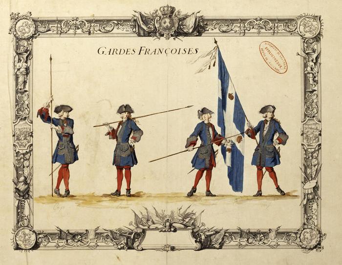 Officiers des gardes françaises et drapeau, planche 1 du tome I d’Infanterie et gardes françaises, vers 1721, Jacques-Antoine Delaistre (1690-1765), estampe rehaussée d’aquarelle, de gouache et de dessin à la plume sur papier, 41,7 × 54,8 cm, numéro d’inventaire A1J7 ; 10849, Paris (Île-de-France) – musée de l’Armée, © Paris (Île-de-France) – musée de l’Armée, dist. GrandPalaisRmn / image musée de l’Armée, notice descriptive consultable en ligne.