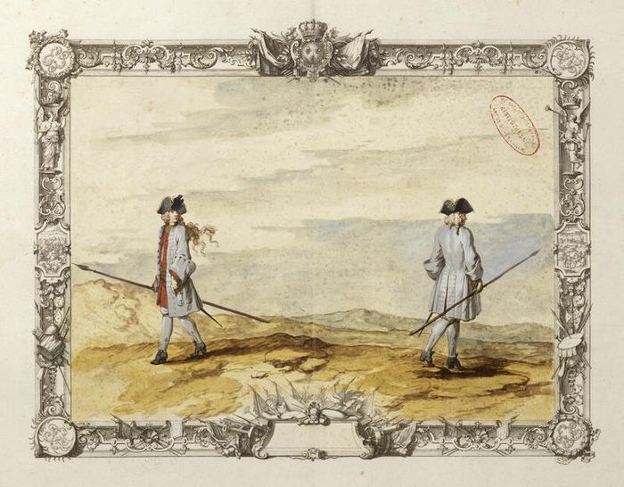 Officiers du régiment de Champagne, planche 57 du tome I d’Infanterie et gardes françaises, vers 1721, Jacques-Antoine Delaistre (1690-1765), estampe rehaussée d’aquarelle et de gouache, dessin à la plume sur papier, 41,7 × 54,8 cm, numéro d’inventaire A1J7 ; 10849, Paris (Île-de-France) – musée de l’Armée, © Paris (Île-de-France) – musée de l’Armée, dist. GrandPalaisRmn / image musée de l’Armée, notice descriptive consultable en ligne.