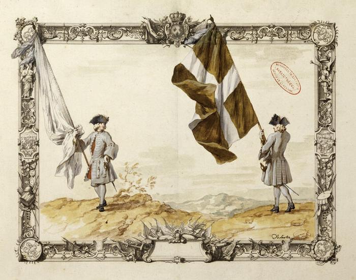 Officiers porte-drapeau du régiment de Champagne, planche 56 du tome I d’Infanterie et gardes françaises, vers 1721, Jacques-Antoine Delaistre (1690-1765), estampe rehaussée d’aquarelle et de gouache, dessin à la plume sur papier, 41,7 × 54,8 cm, numéro d’inventaire A1J7 ; 10849, Paris (Île-de-France) – musée de l’Armée, © Paris (Île-de-France) – musée de l’Armée, dist. GrandPalaisRmn / image musée de l’Armée, notice descriptive consultable en ligne.