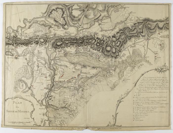 Plan du siège de Minden, Pays-Bas, 1766, estampe à l’eau-forte, 54,5 × 72,5 cm, numéro d’inventaire CFAb102, Blérancourt, musée franco-américain du château de Blérancourt, © GrandPalaisRmn / Gérard Blot, notice descriptive consultable en ligne.