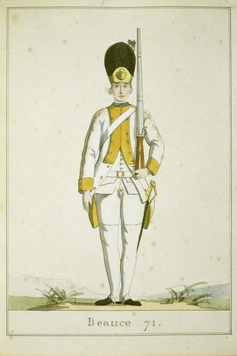 Régiment de Beauce n° 71, anonyme français, aquarelle et encre sur papier, 18ᵉ siècle, 23,4 × 16,4 cm, numéro d’inventaire NF AR UNI ; Est A 118, Paris (Île-de-France), musée de l’Armée, © Paris (Île-de-France) – musée de l’Armée, dist. GrandPalaisRmn / image musée de l’Armée, notice descriptive consultable en ligne.