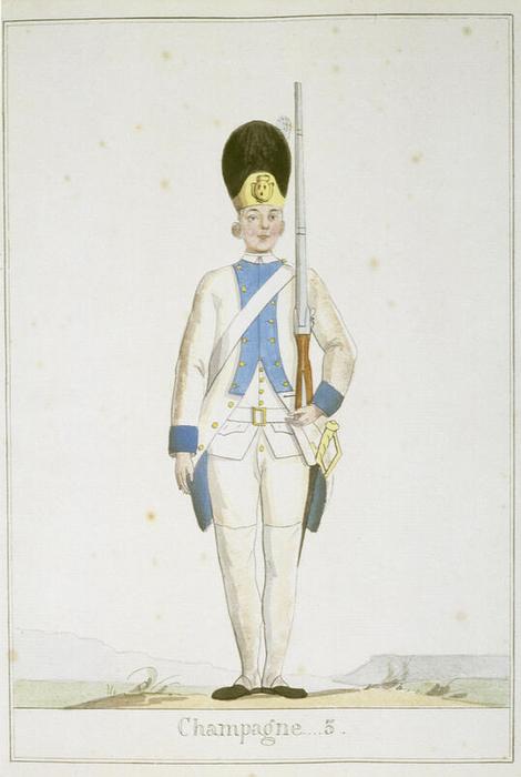 Régiment de Champagne n° 3, anonyme français, 18ᵉ siècle, aquarelle et encre sur papier, 23,4 × 16,4 cm, numéro d’inventaire NF AR UNI ; Est A 118, Paris (Île-de-France) – musée de l’Armée, © Paris (Île-de-France) – musée de l’Armée, dist. GrandPalaisRmn / image musée de l’Armée, notice descriptive consultable en ligne.