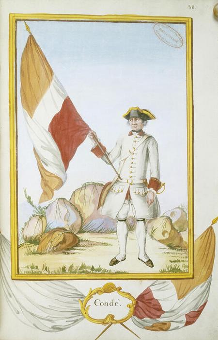 Régiment de Condé, anonyme français, planche 38 page 79 de Troupes du roi, infanterie française et étrangère, année 1757, tome I, aquarelle et gouache sur papier, 18ᵉ siècle, 50,5 × 36 cm, numéro d’inventaire 10858 BIB ; A1J12, Paris (Île-de-France), musée de l’Armée, © Paris (Île-de-France) – musée de l’Armée, dist. GrandPalaisRmn / image musée de l’Armée, notice descriptive consultable en ligne.