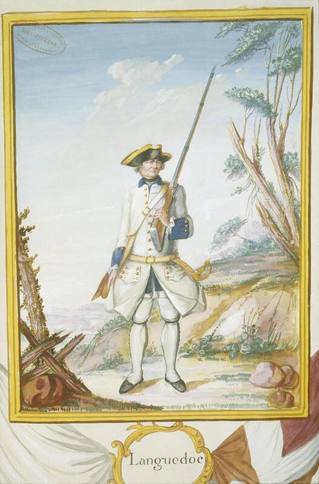 Régiment de Languedoc, anonyme français, planche 52 page 107 de Troupes du roi, infanterie française et étrangère, année 1757, tome I, aquarelle et gouache sur papier, 18ᵉ siècle, 50,5 × 36 cm, numéro d’inventaire 10858 BIB ; A1J12, Paris (Île-de-France), musée de l’Armée, © Paris (Île-de-France) – musée de l’Armée, dist. GrandPalaisRmn, notice descriptive consultable en ligne.