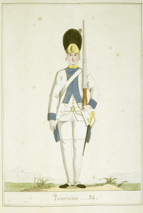 Régiment de Touraine n° 34, anonyme français, aquarelle sur papier, 18ᵉ siècle, 23,4 × 16,4 cm, numéro d’inventaire NF AR UNI ; Est A 118, Paris (Île-de-France), musée de l’Armée, © Paris (Île-de-France) – musée de l’Armée, dist. GrandPalaisRmn / image musée de l’Armée, notice descriptive consultable en ligne.