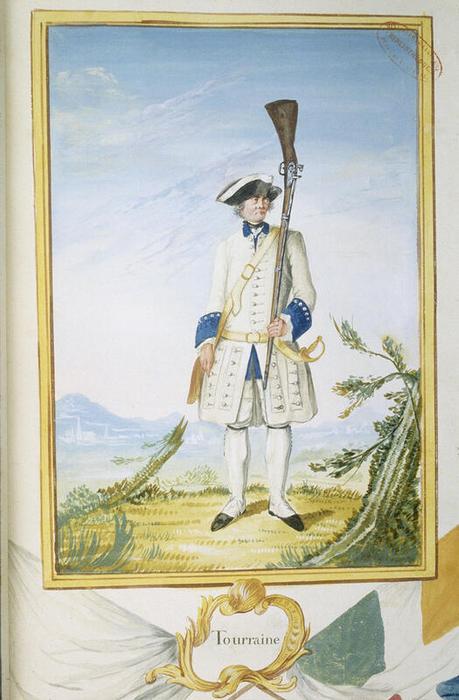 Régiment de Touraine, planche 18 page 39 de Troupes du roi, infanterie française et étrangère, année 1757, tome I, anonyme français, aquarelle et gouache sur papier, 18ᵉ siècle, numéro d’inventaire 10858 BIB ; A1J12, Paris (Île-de-France), musée de l’Armée, © Paris (Île-de-France) – musée de l’Armée, dist. GrandPalaisRmn / image musée de l’Armée, notice descriptive consultable en ligne.