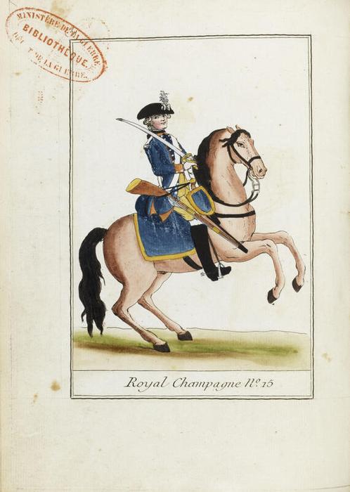 Royal-Champagne n° 15, planche 31 d’Uniformes militaires des troupes françaises sous Louis XVI, 1779, anonyme, dessin rehaussé d’aquarelle et encre, 23 × 17 cm, numéro d’inventaire 10866 ; NF AR UNI, Paris (Île-de-France) – musée de l’Armée, © Paris (Île-de-France) – musée de l’Armée, dist. GrandPalaisRmn / Émilie Cambier, notice descriptive consultable en ligne.