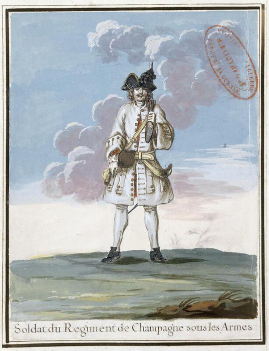 Soldat du régiment de Champagne sous les armes, planche 61 du tome I d’Infanterie et gardes françaises, vers 1721, Jacques-Antoine Delaistre (1690-1765), estampe rehaussée d’aquarelle et de gouache, dessin à la plume sur papier, 41,7 × 54,8 cm, numéro d’inventaire A1J7 ; 10849, Paris (Île-de-France) – musée de l’Armée, © Paris (Île-de-France) – musée de l’Armée, dist. GrandPalaisRmn / image musée de l’Armée, notice descriptive consultable en ligne.