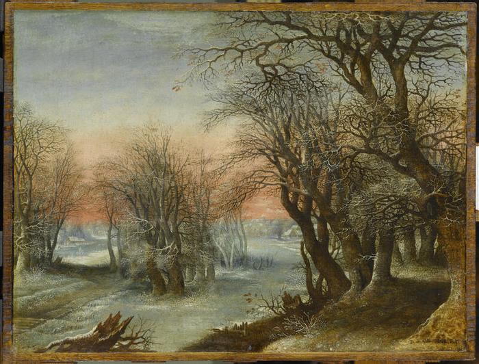 Paysage d’hiver, Denis van Alsloot (1570-vers 1626), huile sur bois, 36 × 47 cm, Paris (Île-de-France), musée du Louvre, numéro d’inventaire MNR431, © GrandPalaisRmn (musée du Louvre) / Gérard Blot, notice descriptive consultable en ligne.