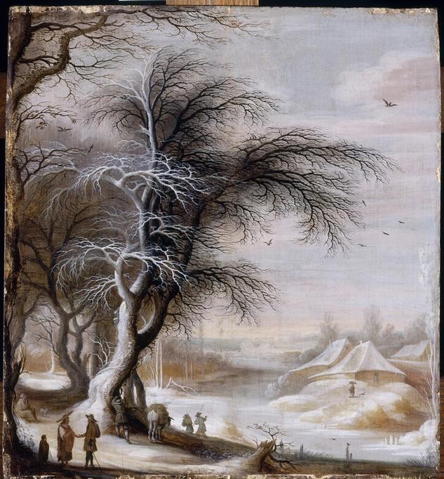 Paysage d’hiver, Gysbrecht Lytens (vers 1586-1650), XVIIᵉ siècle, huile sur toile, 50 cm (hauteur), Valenciennes (Hauts-de-France), musée des Beaux-Arts, numéro d’inventaire P46-1-514, legs Benezech, © GrandPalaisRmn / René-Gabriel Ojeda, notice descriptive consultable en ligne.