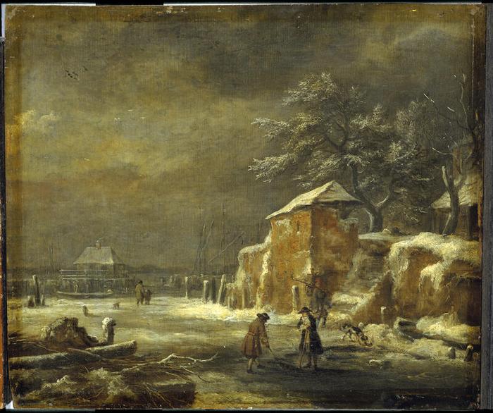 Paysage d’hiver, Jacob Isaakszoon van Ruisdael (1628-1682), peinture à l’huile, 27 × 32 cm, Hambourg (Allemagne), musée des Beaux-Arts – Kunsthalle, numéro d’inventaire 154, © BPK, Berlin, Dist. GrandPalaisRmn / Elke Walford, notice descriptive consultable en ligne.