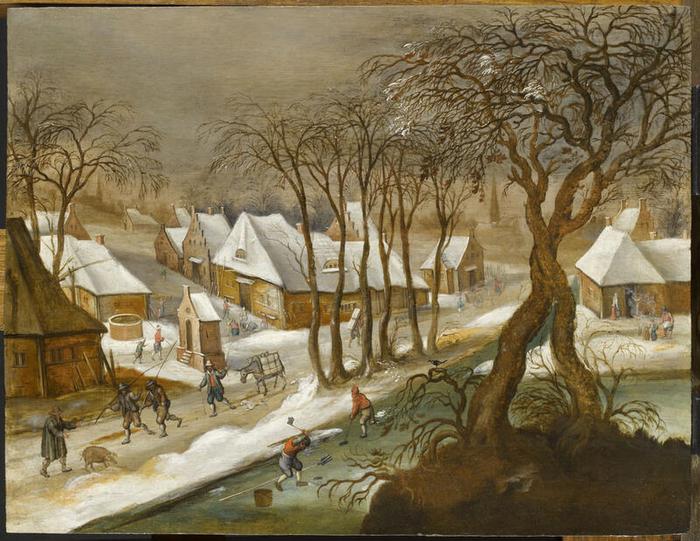 Ce paysage hivernal, attribué à Pieter Brueghel le Jeune, évoque la permanence d’un froid extrême qui, dans l’Europe de la fin du XVIIᵉ et du début du XVIIIᵉ siècle, désorganise les campagnes, fragilise les sociétés rurales et prépare les crises de subsistance, telles que celle provoquée par le grand hiver de 1709.