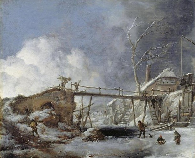 Paysage d’hiver avec un pont en bois, Philips Wouwerman (1619‑1668), huile sur bois, 28,5 × 41 cm, Berlin (Allemagne), Gemäldegalerie, numéro d’inventaire 900F, © BPK, Berlin, Dist. GrandPalaisRmn / Jörg P. Anders, notice descriptive consultable en ligne.