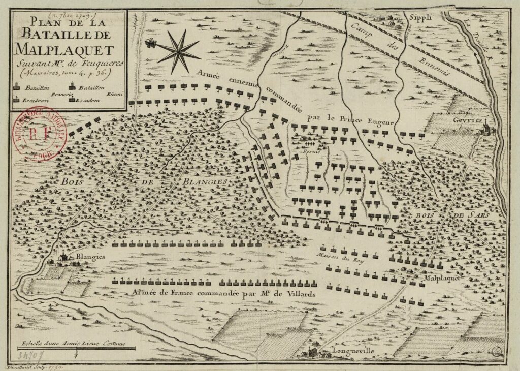 Plan de la bataille de Malplaquet suivant M. de Feuquières, François de Feuquières (marquis de Ribénac), 1750, carte, 27 × 19 cm, Bibliothèque nationale de France, document numérique, IFN-8444172, image reproduite d’après l’exemplaire original de la Bibliothèque nationale de France, site Richelieu, GE D-5179, consultable en ligne sur Gallica.