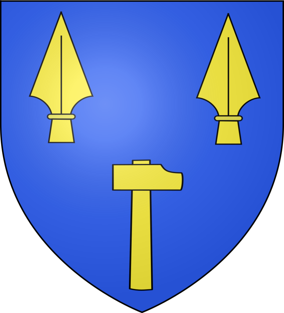 Armes de Pierre Jadart du Merbion (1737-1797) : d’azur, avec deux fers de lance d’or en chef et un marteau du même en pointe. [Nota bene : l’héraldique, science auxiliaire de l’histoire, étudie les blasons, armoiries et symboles héraldiques, leur signification, leur composition et leur usage dans les familles, les villes ou les institutions.]