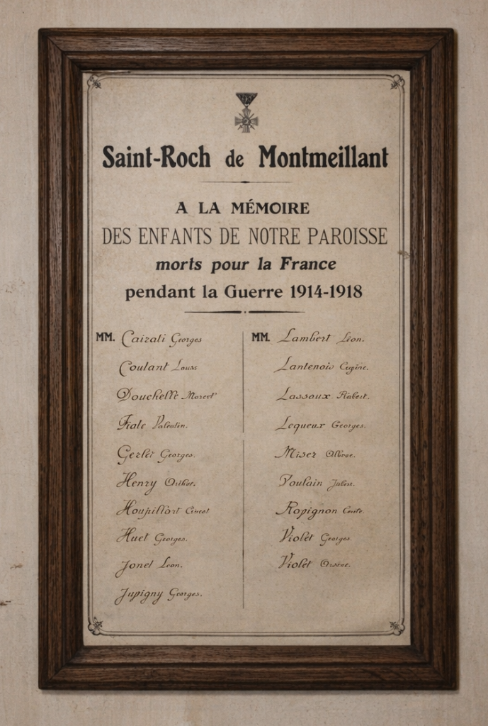 Cadre commémoratif en hommage aux morts pour la France 1914-1918, conservé dans l’église Saint-Roch de Montmeillant. Photographie en couleurs, prise de vue effectuée le jeudi 11 décembre 2025. Crédits photographiques : © 2020 laromagne.info par Marie-Noëlle ESTIEZ BONHOMME.