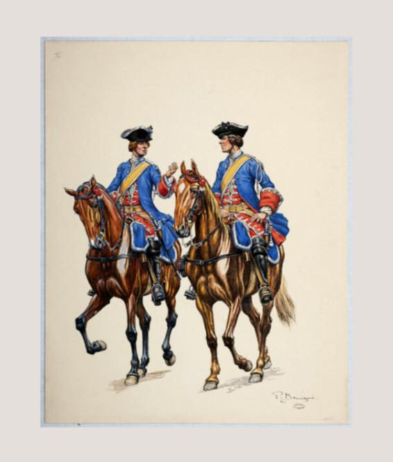 Archers de la maréchaussée en patrouille (1720), Pierre Benigni, 1er quart du 20e siècle : dessin à l’aquarelle sur papier ; œuvre conservée au musée de la Gendarmerie (Melun) ; numéro d’inventaire 10895.2007.02181, notice descriptive consultable en ligne sur la base Joconde, catalogue collectif des collections des musées de France.