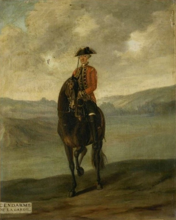 Gendarme de la Garde, anonyme français, 18e siècle : peinture à l’huile sur toile représentant un gendarme de la Garde, appartenant à la maison militaire du roi ; œuvre conservée au musée de l'Armée (Paris) ; numéros d’inventaire 21187 ; Ec 1161, notice descriptive consultable en ligne sur GrandPalaisRmnPhoto, base iconographique de l’agence photographique de la RMN – Grand Palais.