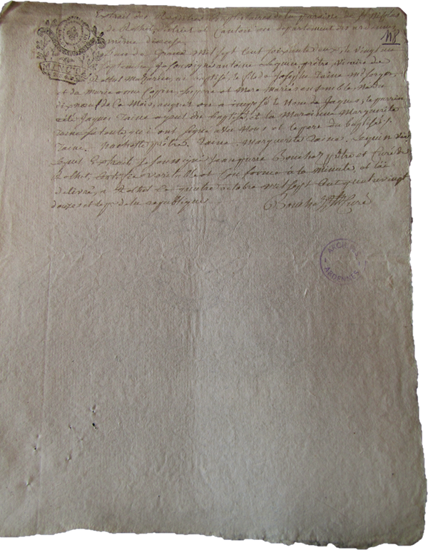 Copie de l’acte de baptême de Jacques Taine. Photographie en couleurs, prise de vue effectuée le jeudi 26 février 2026. Crédits photographiques : © 2020 laromagne.info par Marie-Noëlle ESTIEZ BONHOMME.