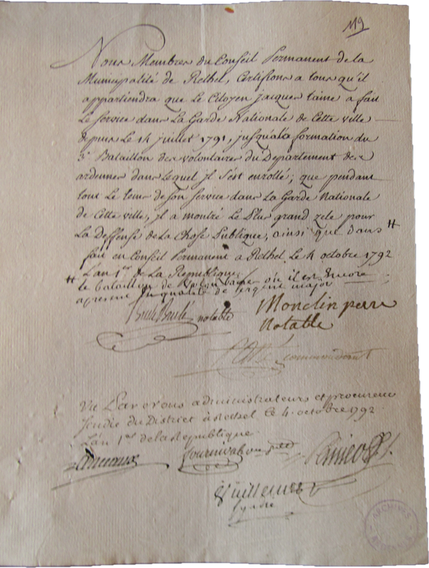 Certificat de civisme de Jacques Taine et antériorité des services. Photographie en couleurs, prise de vue effectuée le jeudi 26 février 2026. Crédits photographiques : © 2020 laromagne.info par Marie-Noëlle ESTIEZ BONHOMME.