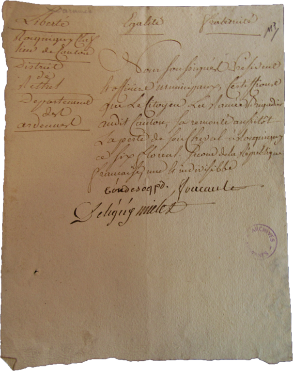 Certificat de la perte de sa monture à Rocquigny (Ardennes) par le brigadier La Ramée. Photographie en couleurs, prise de vue effectuée le jeudi 26 février 2026. Crédits photographiques : © 2020 laromagne.info par Marie-Noëlle ESTIEZ BONHOMME.