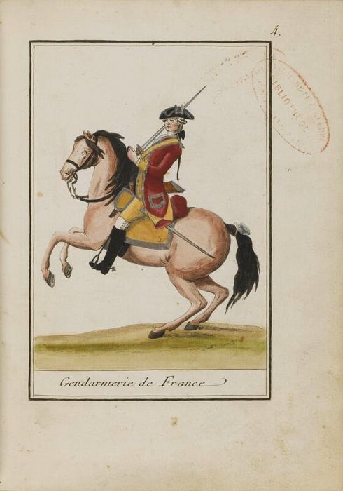 Gendarmerie de France, auteur anonyme, 1779 : dessin à l’aquarelle et à l’encre représentant des militaires de la gendarmerie en uniforme, dans le cadre de la planche 4 de la série Uniformes militaires des troupes françaises sous Louis XVI ; œuvre conservée au musée de l'Armée ; numéros d’inventaire 10866 ; NF AR UNI, notice descriptive consultable en ligne sur GrandPalaisRmnPhoto, base iconographique de l’agence photographique de la RMN – Grand Palais.