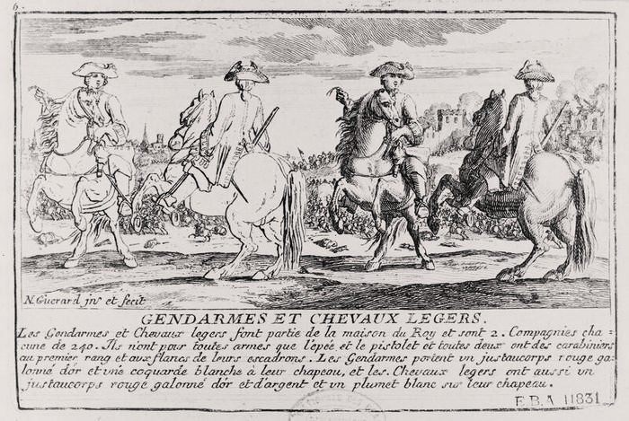 Gendarmes et Chevaux-légers, planche 6 de la suite L'art militaire ou Les Exercices de Mars, livre à dessiner, Nicolas Guérard (vers 1648‑1719), vers 1695 : estampe, eau-forte sur papier ; œuvre conservée au musée de l’Armée (Paris) ; numéro d’inventaire 04617.4.58, notice descriptive consultable en ligne sur GrandPalaisRmnPhoto, base iconographique de l’agence photographique de la RMN – Grand Palais. [Nota bene : l’orthographe moderne est désormais chevau-légers]