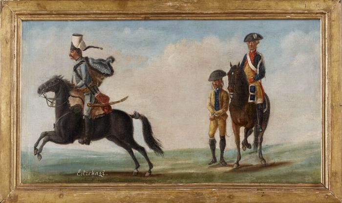 Hussard du régiment Esterhazy et gendarme, selon l’ordonnance de 1776, avec prisonnier, anonyme français, 18e siècle : peinture à l’huile sur toile ; œuvre conservée au musée de l'Armée (Paris) ; numéros d’inventaire 7556 ; Ec114, notice descriptive consultable en ligne sur GrandPalaisRmnPhoto, base iconographique de l’agence photographique de la RMN – Grand Palais.