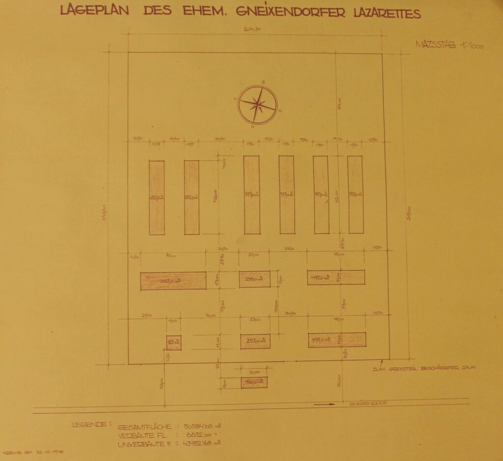 
Plan du lazaret. Archives municipales de Krems (Stadtarchiv Krems). Photographie en couleurs, prise de vue effectuée le mardi 1er juillet 2025. Crédits photographiques : © 2020 laromagne.info par Marie-Noëlle ESTIEZ BONHOMME.