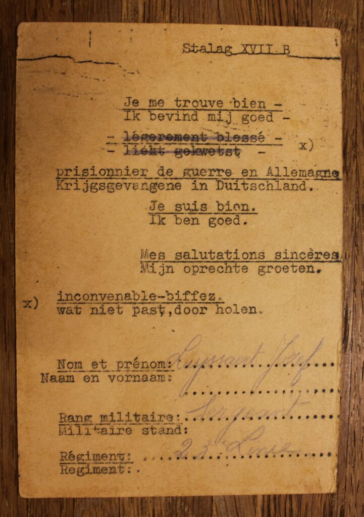 Modèle de carte envoyée par les prisonniers de guerre du Stalag XVII B. Archives municipales de Krems (Stadtarchiv Krems). Photographie en couleurs, prise de vue effectuée le mardi 1er juillet 2025. Crédits photographiques : © 2020 laromagne.info par Marie-Noëlle ESTIEZ BONHOMME.
