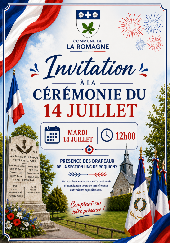 Affiche officielle de la cérémonie de la fête nationale à La Romagne (Ardennes), le mardi 14 juillet 2026. Reproduction publiée avec l'aimable autorisation de madame Coralie Dethiere, première adjointe au maire, et de monsieur Florent Beltrami, maire.