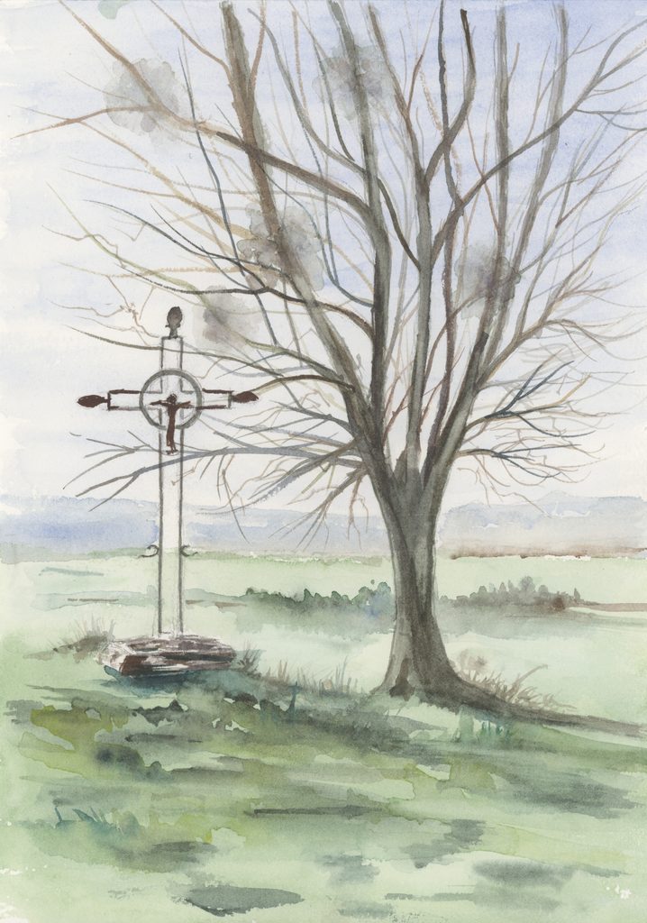 Le Closiau, lieu-dit de La Romagne (Ardennes). Au pied d’un arbre dépouillé de son feuillage, une croix se détache dans un paysage rural ouvert. L’aquarelle met en valeur ce symbole de dévotion populaire et la silhouette de l’arbre, dont la présence structure la composition et souligne l’inscription du patrimoine religieux dans le paysage. Vue d’artiste. Aquarelle de l’auteure sur papier Canson. Crédits iconographiques : © 2020 laromagne.info par Marie-Noëlle ESTIEZ BONHOMME.