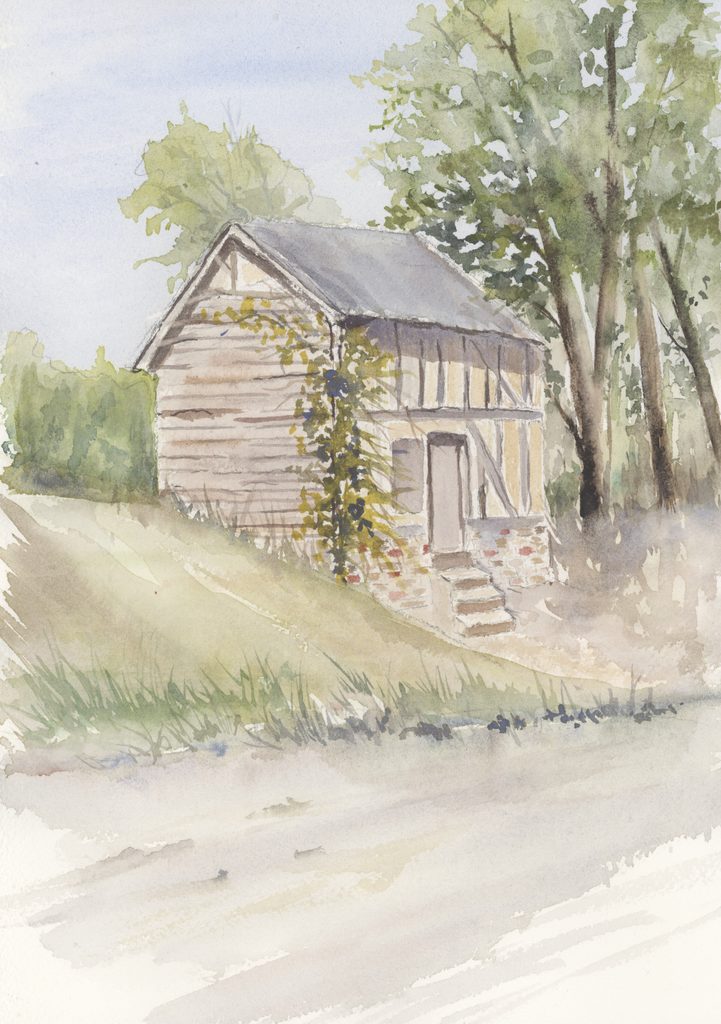 Maison de Belair, hameau de La Romagne (Ardennes). L’aquarelle met en valeur la structure à pan de bois, le soubassement maçonné et la toiture à deux versants de cette habitation rurale. La végétation environnante souligne son inscription dans le paysage du hameau. La datation du bâtiment et l’analyse précise de ses caractéristiques architecturales nécessiteraient une étude complémentaire. Vue d’artiste. Aquarelle de l’auteure sur papier Canson. Crédits iconographiques : © 2020 laromagne.info par Marie-Noëlle ESTIEZ BONHOMME.