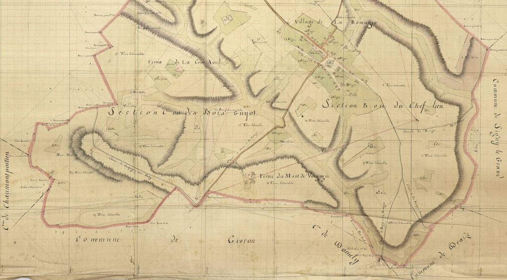 Archives départementales des Ardennes, La Romagne-1807, plan par masse de culture géométrique quadrillé, détail, consultable en ligne.