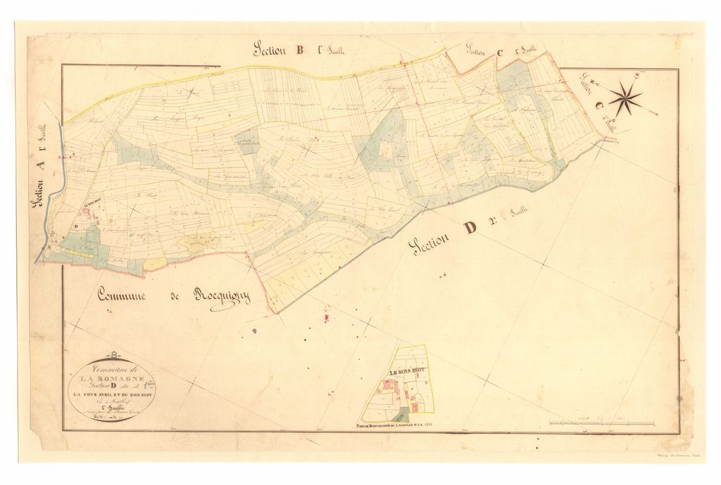 Archives départementales des Ardennes, La Romagne D1 1835, la Cour Avril et le Bois Diot, cadastre ancien, plan parcellaire avec une partie développée à l’échelle 1/1250, consultable en ligne.