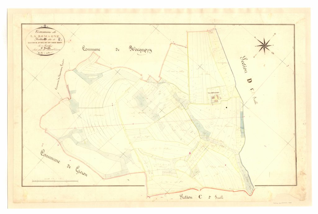 
Archives départementales des Ardennes, La Romagne D2 1835, la Cour Avril et le Bois Diot, cadastre ancien, plan parcellaire, consultable en ligne.