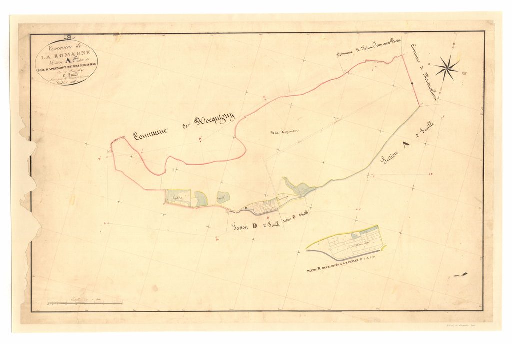 Archives départementales des Ardennes, La Romagne A1 1835, le Bois d’Apremont et les Houis Bas, cadastre ancien, plan parcellaire avec une partie développée à l’échelle 1/1250, consultable en ligne.