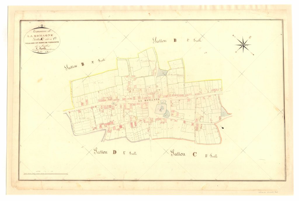 Archives départementales des Ardennes, La Romagne C1 1835, le village et le Mont de Vergogne, cadastre ancien, plan parcellaire consultable en ligne.