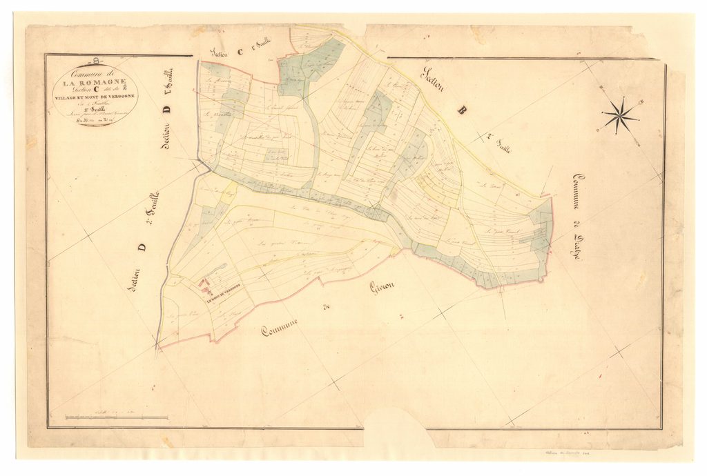 
Archives départementales des Ardennes, La Romagne C2 1835, le village et le Mont de Vergogne, cadastre ancien, plan parcellaire consultable en ligne.