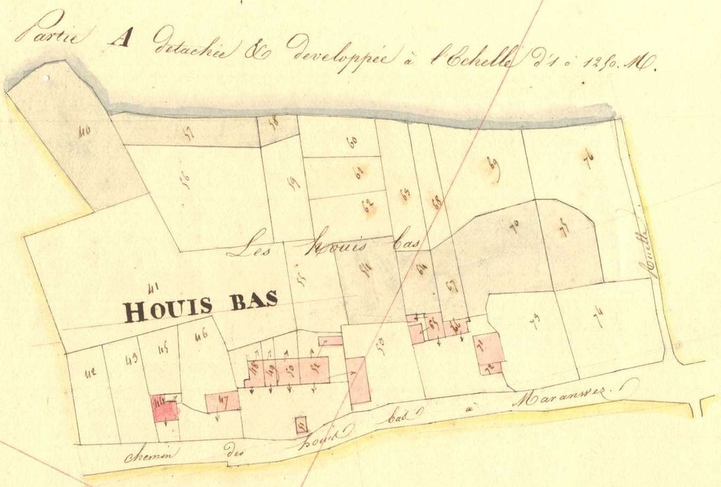 Archives départementales des Ardennes, La Romagne A2 1835, Bois d’Apremont et Houis Bas, cadastre ancien, plan parcellaire avec une partie développée à l’échelle 1/1250, détail, consultable en ligne.