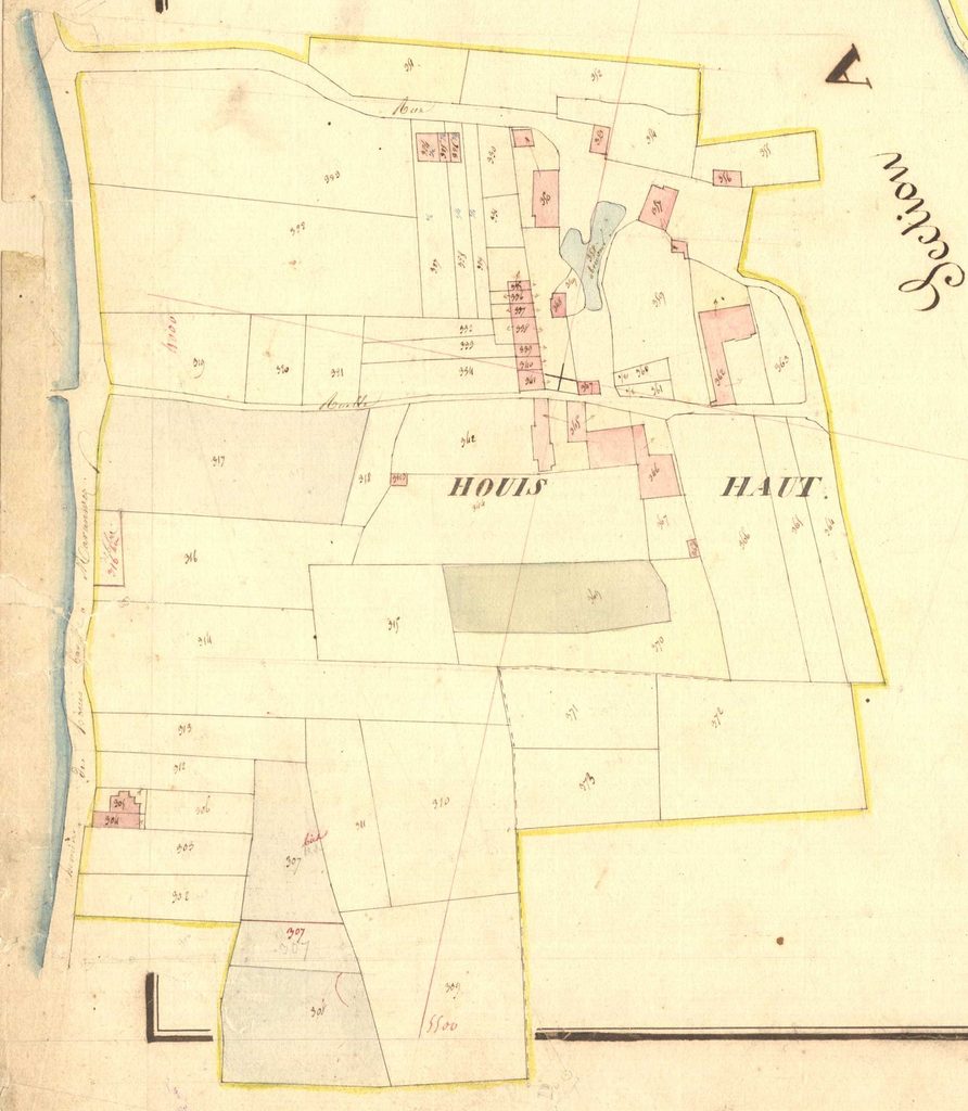 
Archives départementales des Ardennes, La Romagne B1 1835, le Houis haut et la Boulois [orthographe de 1835], cadastre ancien, plan parcellaire avec une partie développée à l’échelle 1/1250, détail, consultable en ligne.
