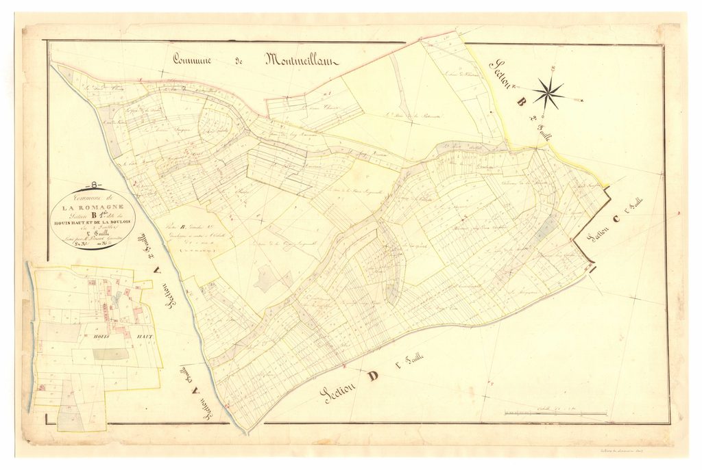 
Archives départementales des Ardennes, La Romagne B1 1835, le Houis haut et la Boulois [orthographe de 1835], cadastre ancien, plan parcellaire avec une partie développée à l’échelle 1/1250, consultable en ligne.