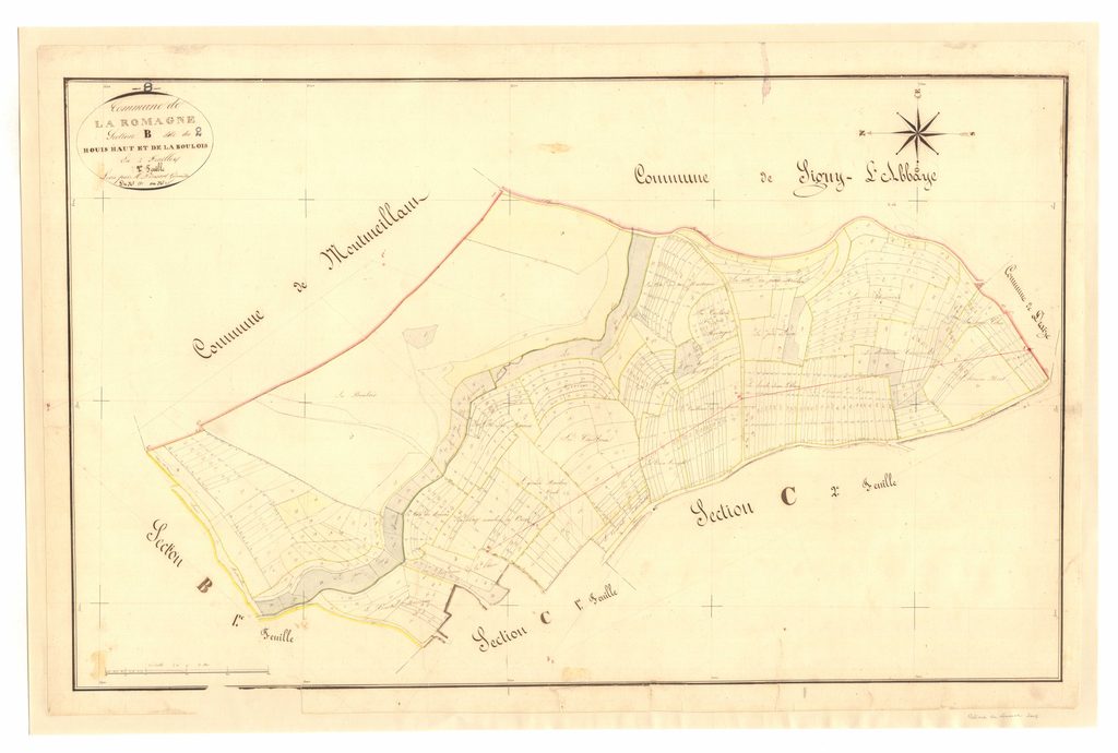 Archives départementales des Ardennes, La Romagne B2 1835, le Houis haut et la Boulois [orthographe de 1835], cadastre ancien, plan parcellaire, consultable en ligne.