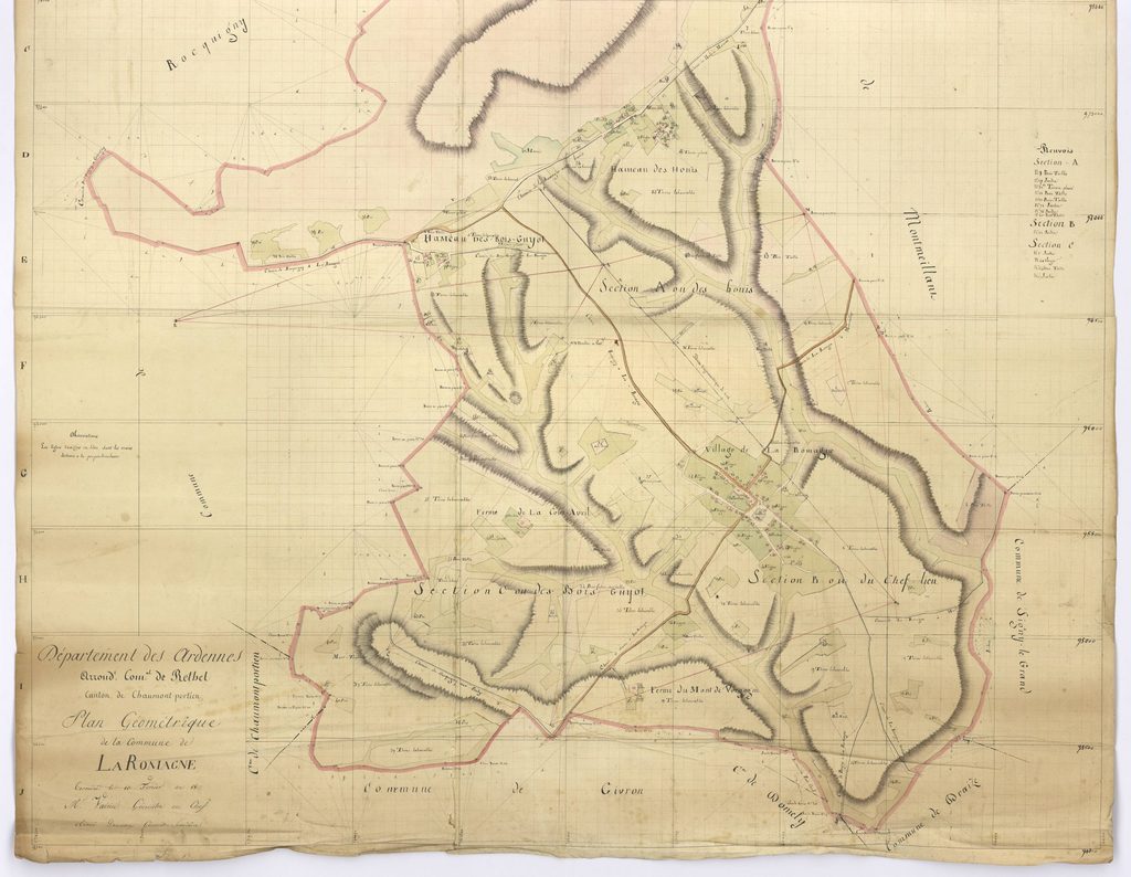 
Archives départementales des Ardennes, La Romagne-1807, plan par masse de culture géométrique quadrillé, consultable en ligne, vue 2/2.