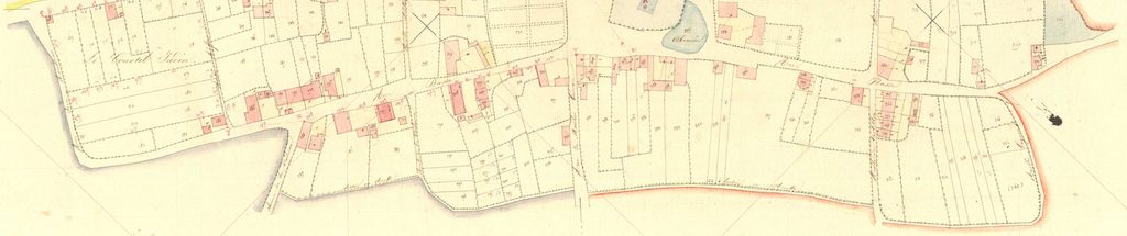 Archives départementales des Ardennes, La Romagne C1 1835, le village et le Mont de Vergogne, cadastre ancien, plan parcellaire, détail de la rue Basse, consultable en ligne.