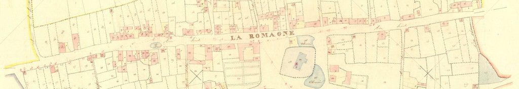 Archives départementales des Ardennes, La Romagne C1 1835, le village et le Mont de Vergogne, cadastre ancien, plan parcellaire, détail de la rue Haute, consultable en ligne.