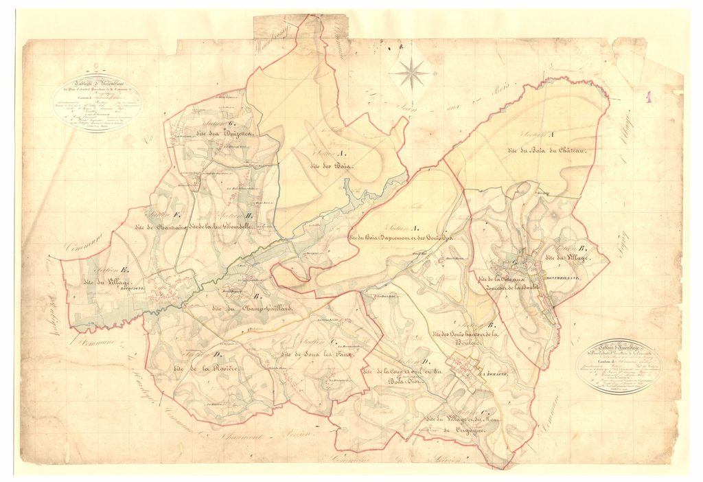 Archives départementales des Ardennes, La Romagne-1835, TA [tableau d'assemblage] de La Romagne, Montmeillant et Rocquigny, plan parcellaire, hors format, consultable en ligne, vue 1/2.